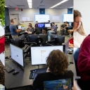 From left to right, sharing a hammock during the Welcome to App Field Day on Sanford Mall, inside the new cyberlab, inside a Sanford Hall classroom in Boone...
