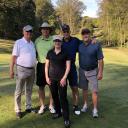 Former chancellor Ken Peacock, left, and Walker College Dean Heather Norris, center, are pictured with '86 accounting alumni John Barrow, Dennis Giff and Marshall Croom. The three alumni are playing with Peacock, their former professor, in today's Beroth Scholarship Golf Tourney.