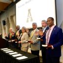The six individuals who were sworn in as members of the Appalachian State University Board of Trustees during the board’s Sept. 13 meeting held on Appalachian’s campus. They are, from left to right, John M. Blackburn, James “J.K.” Reaves ’93, Kimberly Shepherd ’97, Thomas Sofield ’76, Mark E. Ricks ’89 and DeJon Milbourne. Administering the oath of office was North Carolina District Court Judge Rebecca Eggers-Gryder ’83 (not pictured). 
