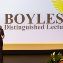 App State alumnus Jamie Harris '84, chief financial officer of RXO, delivers the 64th Harlan E. Boyles Distinguished Lecture on April 20 at App State's Schaefer Center for the Performing Arts. In his talk, titled 