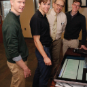 Photo of Kiefer Smith, left, Dan Emery, Associate Dean Martin Meznar and Cameron Barnett.