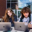 App State’s online bachelor’s programs and graduate programs in business, education and nursing — offered through App State Online — are ranked among the best in the nation by U.S. News & World Report, which recognized the university in its “2025 Best Online Programs” rankings. Mountaineer students Caroline Flanigan, a junior sustainable technology and business double major from Holly Springs, left, and Sean Glasgow, a sophomore music industry studies major from Cary, are pictured working on their laptops
