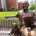 The new John E. Thomas sculpture sits outside the main entrance of John E. Thomas Hall on App State’s Boone campus.