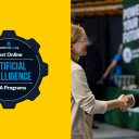 Student at App State shakes hands with an employer, alongside badge for est online MBA programs in AI