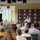 CERPA Director Ash Morgan delivers comments on the economic impact of App State Athletics during the Aug. 25, 2017 Wake up Watauga event, hosted by the Boone Area Chamber of Commerce (Photo: Boone Area Chamber of Commerce)