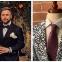 Mitch Purgason ’15 started a clothing design business while a student at Appalachian State University. Now he owns a company in Charlotte and designs custom suits for professional athletes, business executives and fashion influencers. For this suit tailored for world-renowned artist Timothy Goodman, clothing designer and Appalachian State University alumnus Mitch Purgason ’15 used some of Goodman’s own artwork in the design. Purgason often uses personalized touches in his clothing designs.