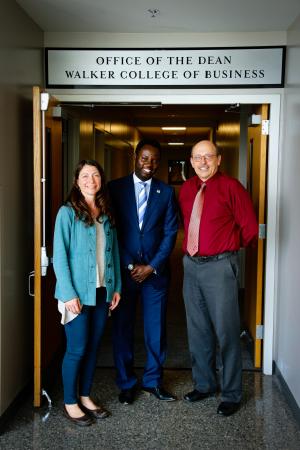 Dr. Olanrewaju Olaoye, center, with Meredith Church Pipes and Martin Meznar in Appalachian's Walker College of Business 
