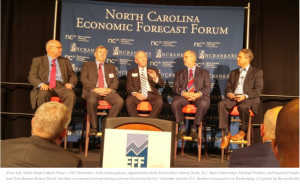 From left, Wells Fargo’s Mark Vitner, UNC Charlotte’s John Connaughton, Appalachian State University’s Harry Davis, N.C. State University’s Michael Walden, and Capital Tonight host Tom Boyum discuss North Carolina’s economic forecast during a forum hosted by the N.C. Chamber and the N.C. Bankers Association on Wednesday. (CJ photo by Barry Smith)