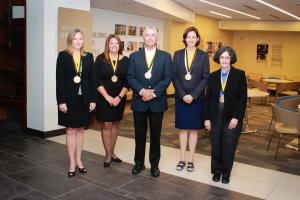 Sywassink Award winners from the Walker College of Business are Haley Childers, left, Rachel Keller, Ron Marden, Carol Kline and Betty Coffey. (Photo by Sabrina Cheves)