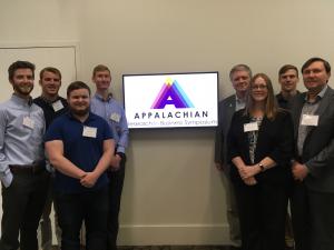 From left: Dalton Stout, Lucas Stinson, Avery Dobbins, Daniel Paprocki, Ed Hassler, Brandy Hadley, Dan Emery and Joseph Cazier during the 2018 Appalachian Research in Business Symposium