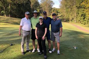 Former chancellor Ken Peacock, left, and Walker College Dean Heather Norris, center, are pictured with '86 accounting alumni John Barrow, Dennis Giff and Marshall Croom. The three alumni are playing with Peacock, their former professor, in today's Beroth Scholarship Golf Tourney.