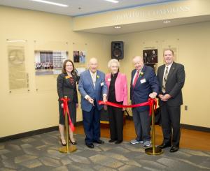 From left, the following people cut ribbon during the March 8 naming ceremony for the Broyhill Commons at Appalachian State University: Dr. Heather Norris, Paul Broyhill, Allene Stevens, Jim Broyhill and Dr. Randy Edwards, vice chancellor for university advancement at Appalachian. Photo by Marie Freeman