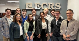 Back row, from left, are: Carson Arnold, Ben Gress, Noah Zeller, Matthias Von Feilitzsch, Tyler Hampsey, Porter Poteet; Front row, from left, are: Ben Whitehead, Professor Teresa Spangler, Rory Cole, Savannah Little, Zack Winterstein, ECRS CEO Pete Catoe