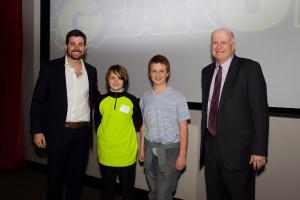 Riley Underwood, second from left, and Kyle Hollars, third from left — both students at Mabel School in Watauga County who compose team Sunlight Foods — pose with Jonathan Carpenter, assistant director of the WCOB’s Transportation Insight Center for Entrepreneurship, far left, and Robert E. “Bob” Washburn, president and CEO of LifeStore. Underwood and Hollars won an honorable mention in the middle school category of Appalachian’s GEAR UP Pitch Competition for their idea of developing a food market in Zionvi