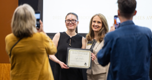 2023-24 Outstanding Graduate Student Service Awardee Layla Koroleva with Walker College of Business Dean Sandra Vannoy