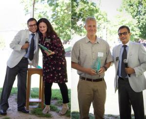 Dr. Panwar presents Green E Awards to Dr. Heather Dixon-Fowler (left), and Dr. Whitehead.