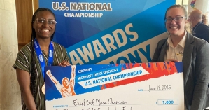 Rachel Hamlin, left, with faculty advisor Tori Humler. Hamlin, a CIS and IB double major, earned third place in the 2025 Microsoft Office Specialist U.S. National Championship June 18, 2025.