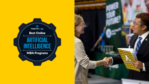 Student at App State shakes hands with an employer, alongside badge for est online MBA programs in AI