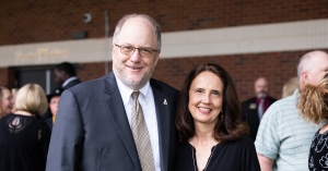 Phil Ostwalt '83, distinguished Walker College of Business alumnus for 2023, with Walker College of Business Dean Sandra Vannoy