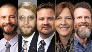From left are faculty members newly named to professorships in the Walker College: Dennis Guignet, Alex Holcomb, Jeff Kaleta, Tammy Kowalczyk, and Doug Roberts