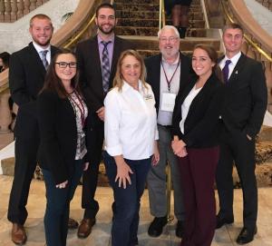 Pictured from left, Matt Mullen, Gabrielle Khoury, Alex Friends, Marketing Professors Bonnie Guy and Jim Stoddard, Olivia Chason, and Trey Hemphill during the 2016 International Collegiate Sales Competition 