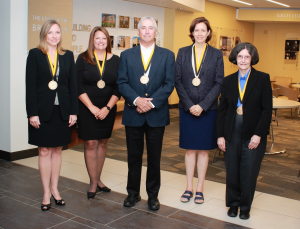 Sywassink Award winners from the Walker College of Business are Haley Childers, left, Rachel Keller, Ron Marden, Carol Kline and Betty Coffey. (Photo by Sabrina Cheves)