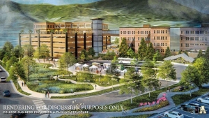 A conceptual rendering imagines the view of a daylighted Boone Creek, green space in the current Peacock parking lot and a mixed-use parking deck adjoining Peacock Hall and Howard St.