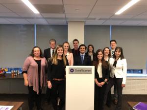 Pictured from left are Fuentes, Business Professor Lewis Alexander and Grant Thornton Associate Alex McLanahan with students Ivy Wagner, Mason Garwood, Cole Maita, Sarah Fishel, Alex Selby, Paige Schurter, Sara Velasco and Logan Turner at Grant Thorton Manhattan.