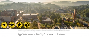 In this aerial photo, a morning sun illuminates Appalachian State University’s campus as a fine layer of fog rises from the surrounding Blue Ridge Mountains of Western North Carolina. Appalachian recently appeared in the 2020 rankings of U.S. News & World Report for its value, academics, innovation and benefits for student veterans, among other categories. The university was also recognized by The Princeton Review, as well as MONEY, Forbes and Kiplinger’s Personal Finance magazines. 