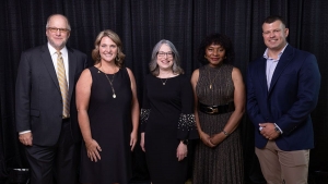 The App State Alumni Association recognized four Mountaineers at the university’s 2025 Alumni Awards Gala, held July 12 on the Boone campus. Pictured with App State Chancellor Heather Norris, center, from left to right, are Outstanding Service Award recipient Phillip Ostwalt ’83, Distinguished Alumni Award recipient Kimberly Shepherd ’97, Distinguished Alumni Award recipient Retired U.S. Army Col. Edna Cummings ’78 and Young Alumni Award recipient Bryson Stewart ’09. 