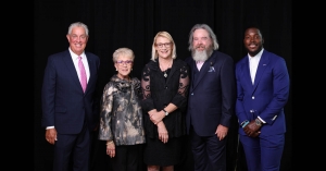 App State Chancellor Sheri Everts, center, with the recipients of the 2022 App State Alumni Awards: John Thomas Roos ’84, far left; June Wilson Hege ’65, second from left; Mark E. Ricks ’89, second from right; and Douglas Middleton Jr. ’15 ’18, far right. App State’s Alumni Association presented the recipients with their awards during the Alumni Awards Gala, held July 16 in the Grandview Ballroom on campus as part of Alumni Weekend. The awards honor graduates whose outstanding professional, service and phil