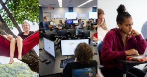 From left to right, sharing a hammock during the Welcome to App Field Day on Sanford Mall, inside the new cyberlab, inside a Sanford Hall classroom in Boone...