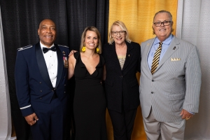 App State Chancellor Sheri Everts, second from right, with the recipients of the 2023 App State Alumni Awards: Brian “Scotty” McCullough ’89 ’98, far left; Stacy Roberson Reedy ’06 ’07, second from left; and C. Philip Byers ’85, far right. App State’s Alumni Association presented the recipients with their awards during the Alumni Awards Gala, held July 15 in the Grandview Ballroom on the Boone campus as part of Alumni Weekend. 