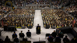 App State honored more than 4,300 Mountaineer graduates — the largest graduating class in university history — during its seven Spring 2026 Commencement ceremonies, held May 7–9 in Holmes Convocation Center on the Boone campus. Pictured, App State Chancellor Heather Norris addresses the Class of 2026.