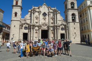 The group poses in front of La Catedral de la Virgen María in Old Havana — one of 11 Roman Catholic cathedrals on the island of Cuba. Photo by Rachel Shinnar