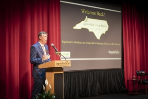 App State Chief Sustainability Officer Lee Ball gives opening remarks at the 2022 Appalachian Energy Summit, titled “Regenerative, Resilient and Sustainable: Celebrating 10 Years of Best Practice.” The summit hosts energy leaders from different government agencies and businesses, as well as students and representatives of the member institutions in the UNC System. This year the attendees learned that the state had reached $1.6 billion in avoided energy costs...
