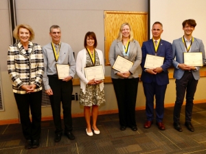 Appalachian Chancellor Sheri Everts, far left, with the faculty members recognized during the university’s Fall 2019 Faculty and Staff Meeting held Friday, Sept. 6, on Appalachian’s campus. Professor of accounting Ken Brackney is second from left.