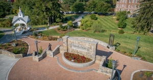 A small cadre of Mountaineer families have fostered a legacy of consistent giving to Appalachian State University for approximately 50 years. Pictured, an aerial view of Founders Plaza, with statues of two of App State’s co-founders, B.B. Dougherty and Lillie Shull Dougherty, and Founders Bell Pavilion. 