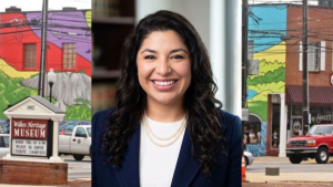 Jesa McNeill-Valle overlaid on colorful mural in Wilkes County, NC