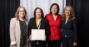 App State Interim Chancellor Heather Norris, far left, App State Associate Vice Chancellor of Human Resources Alyson Ebaugh, second from right, and Walker College of Business Dean Sandra Vannoy, far right, with Samantha Williams, department administrator in App State’s Department of Computer Information Systems, at App State’s 2024 Awards of Distinction ceremony, held April 25 on the Boone campus. Williams is one of nine recipients of the 2024 Staff Excellence Award. 