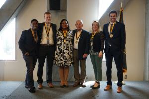 Plemmons Leadership Medallion recipients pose with their awards during the Student Affairs Leadership and Legacy awards ceremony on April 26 in Appalachian’s Plemmons Student Union. Pictured, from right to left, are Appalachian alumni Roy Dale Cox ’19 and Jon Garst ’19; Traci Royster, director of staff development and strategic initiatives; Dr. Harry Davis, the NCBA Professor of Banking in Appalachian’s Department of Finance, Banking and Insurance; Nikki Crees, executive director of University College’s ori