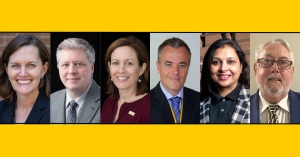 From left are Beroth Oil Professor Kristl Davison, Dean's Club Professor Ed Hassler, Duane D. Daggett Professor in Management Carol Kline, Dean's Club Professor Ash Morgan, John W. Guffey Jr. Professor Lubna Nafees and LM Baker Jr. Partners in Excellence Professor Jim Stoddard