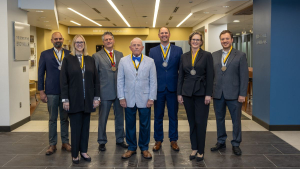 App State faculty and staff recipients of the Walker College of Business’ 2026 Sywassink Awards for Excellence. Pictured, from left to right, are Dr. Abhijit Ramalingam, Dr. Brandy Hadley, Scott Jensen, Dr. Harry Davis, Dr. Matt Crump, Cele Burt and Dr. Jonathan Bitting. Not pictured is Dr. Robin Romanus. Photo by Sabrina Cheves