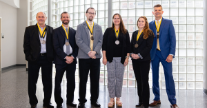The six faculty and staff winners of the 2024 Sywassink Awards for Excellence, awarded by App State’s Walker College of Business. Pictured, from left to right, are Dr. Jim Westerman, Dr. Dennis Guignet, Chris Taylor, Sabrina Cheves, Katharine Stone and Dr. David Marlett. 